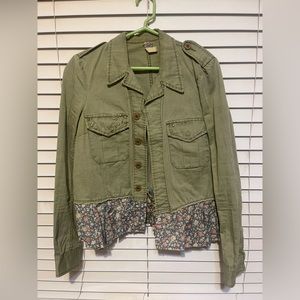 Free People Army Green Jacket with Floral Hem Detail